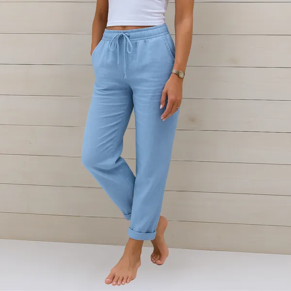 Harlow pants styled with a tucked blouse