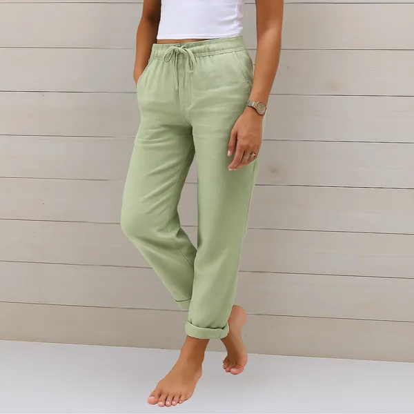 Close-up of Harlow pants fabric and waistband detail