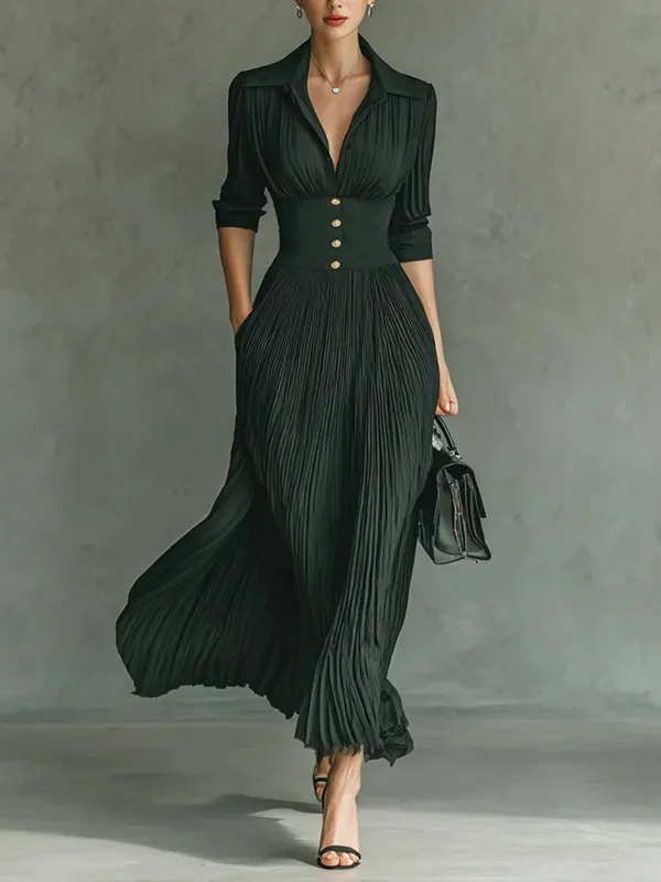 Celeste Pleated Lapel Belted Maxi Dress – front view