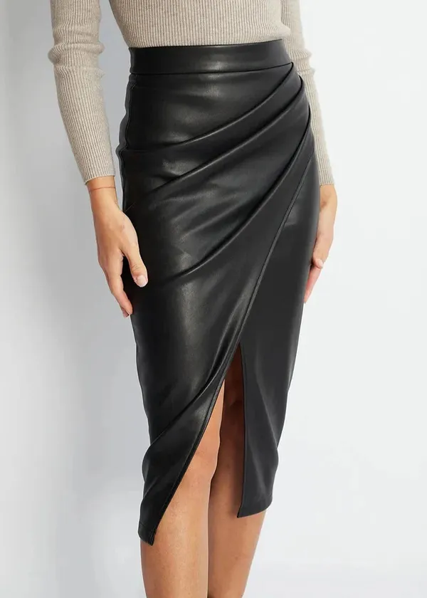 Maeve Premium Leather Midi Skirt front view