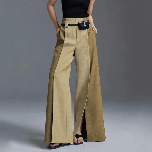 Revlin Wide-Leg Pants front view – high-waist silhouette with split-front detail