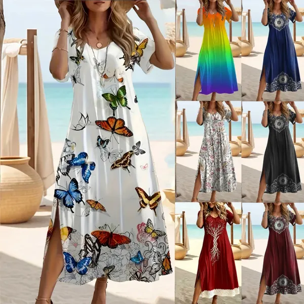 Vestido plus size estampa borboleta decote V manga curta com fenda lateral