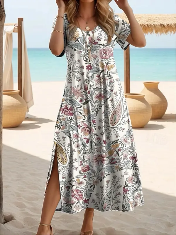 Vestido plus size manga curta decote V estampa borboleta comprimento longo