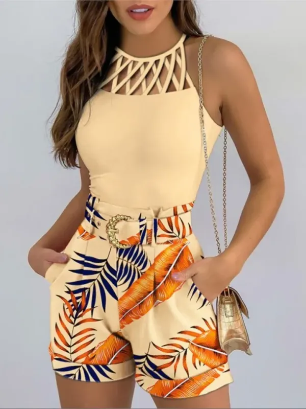 Conjunto feminino cropped halter neck com shorts estampado - frente