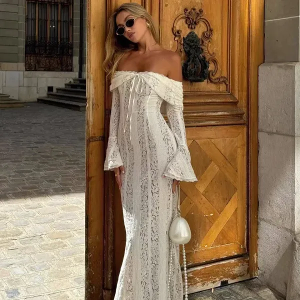 Vestido longo ombro a ombro renda elegante 2025