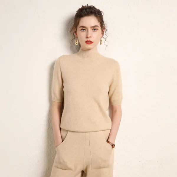 Moda feminina casual chique suéter caxemira manga curta
