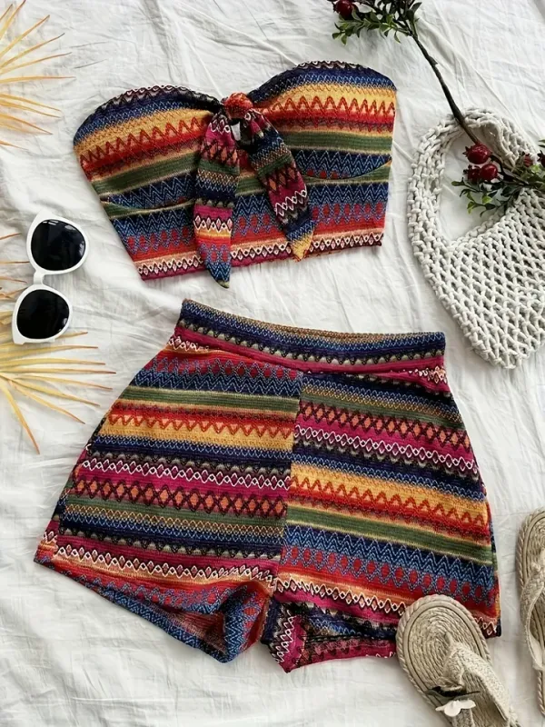 Conjunto feminino corset e shorts cintura alta texturizado — frente