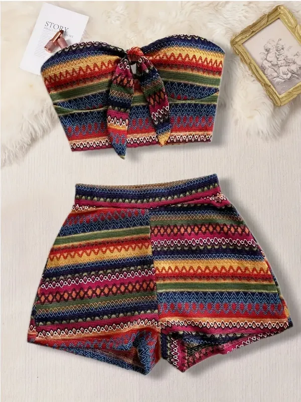 Conjunto feminino corset e shorts — detalhe do laço removível