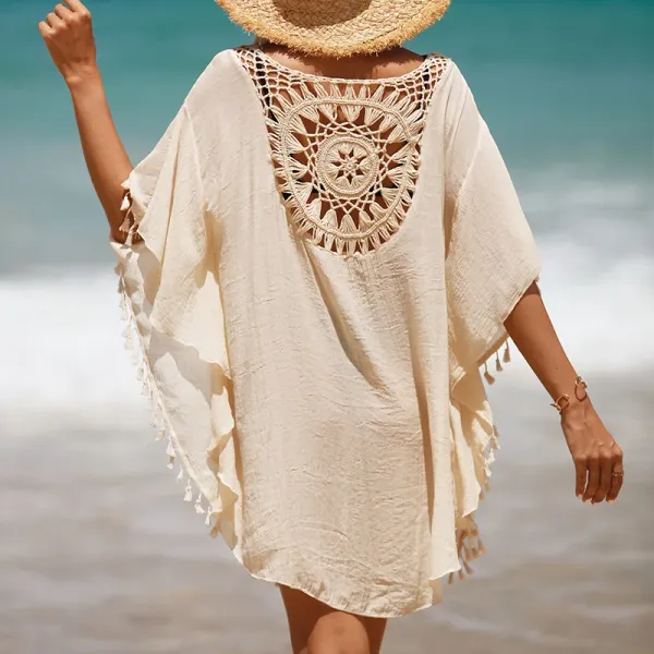 Saída de praia crochê feminina — detalhe do tecido e textura
