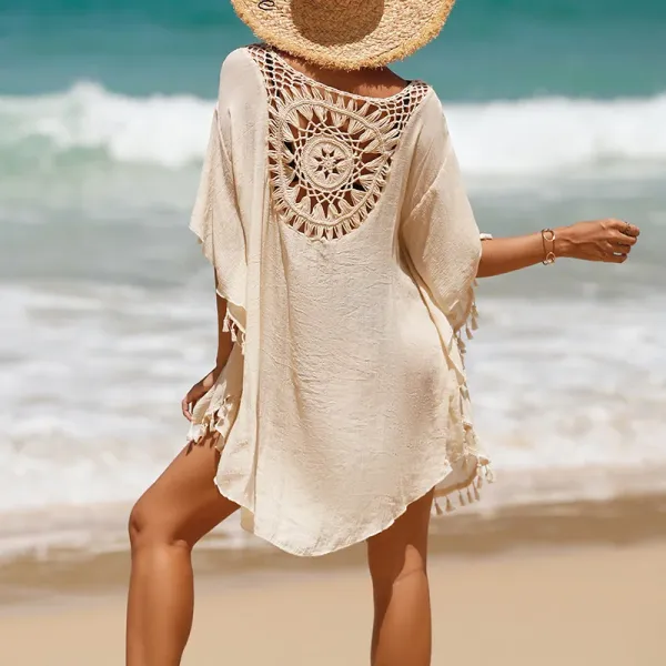 Cover-up saída de praia crochê — look completo na praia