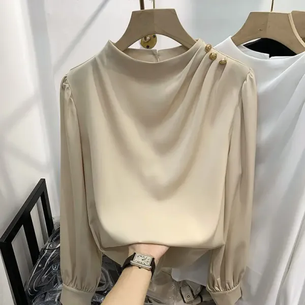 Camisa feminina manga longa botão vintage look casual elegante — frente
