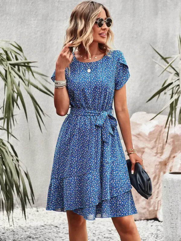 Vestido floral plissado cintura alta look casual elegante feminino