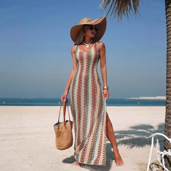 Vestido longo tricotado boêmio feminino — frente