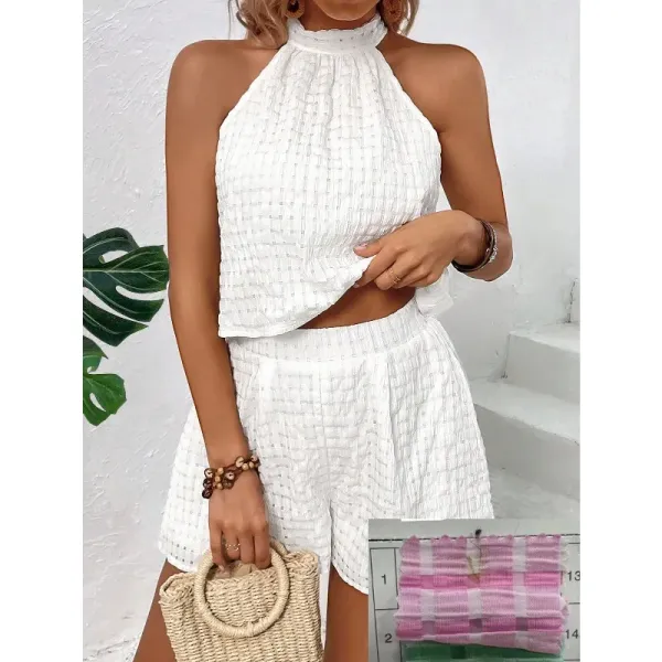 Conjunto feminino moda praia look casual elegante detalhe do shorts cintura alta