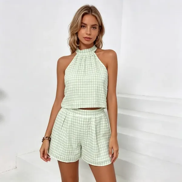 Conjunto feminino duas peças cropped halter shorts cintura alta moda praia verão