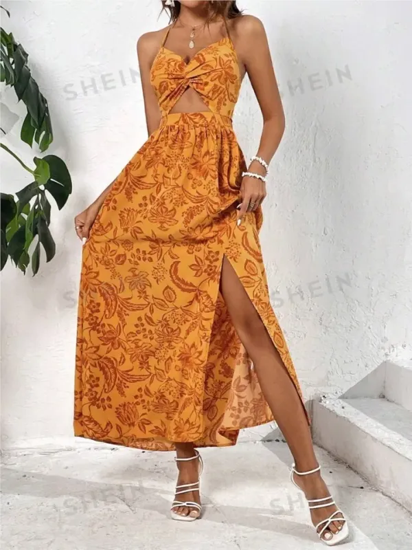 Vestido feminino halter — detalhe das costas abertas e torcidas