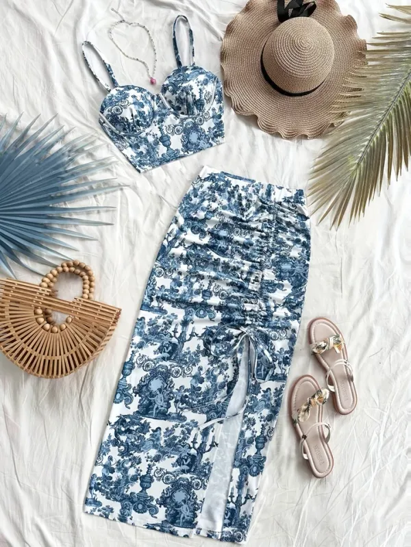 Conjunto feminino 2 peças top e saia com fenda estampado - frente