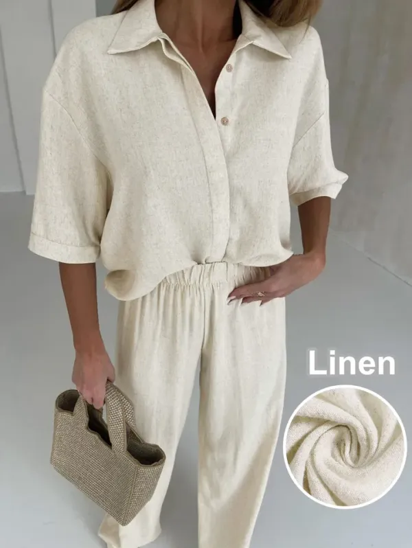 Conjunto feminino de linho camisa meia manga e calça longa casual