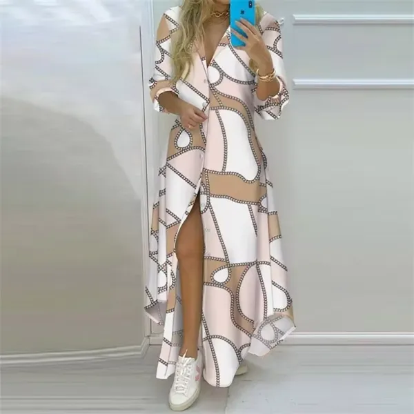 Vestido longo feminino boho estampado manga longa com fenda - vista frontal