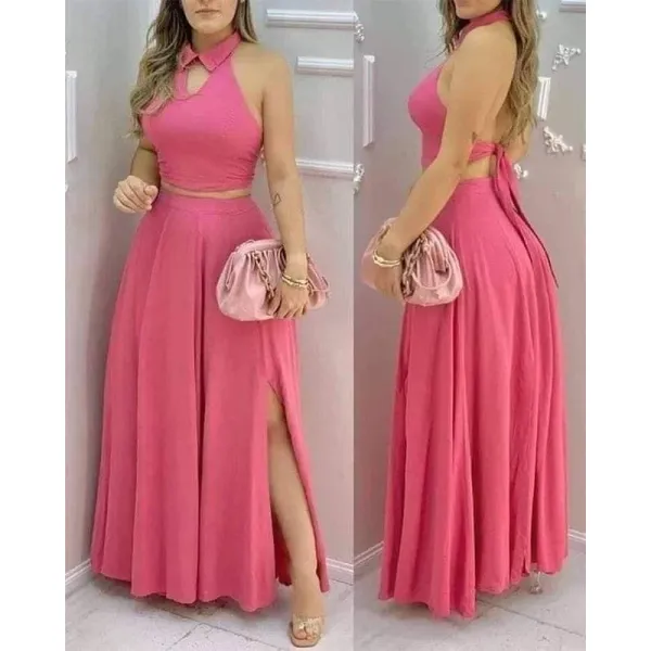 Conjunto feminino rosa halter top e saia maxi com fenda