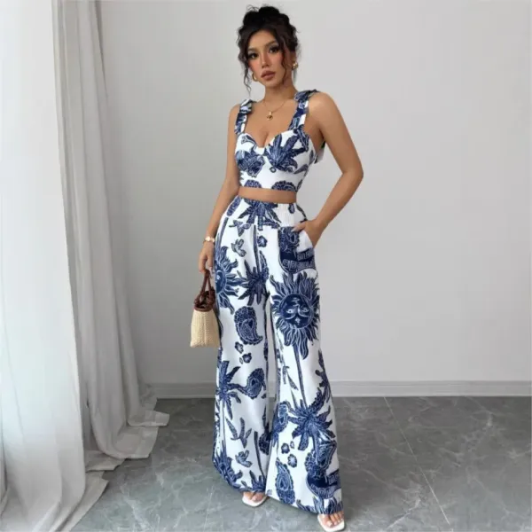 Conjunto feminino top halter e calça pantalona estampada