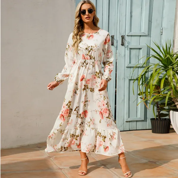 Vestido longo chiffon floral boho – visual frontal