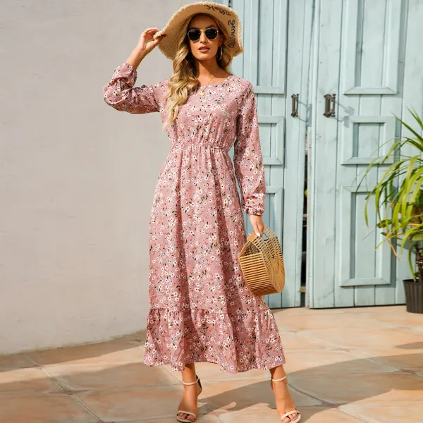 Vestido longo chiffon floral boho – look de costas e movimento