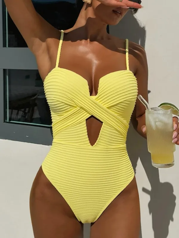 Maiô feminino amarelo monokini cavado costas abertas