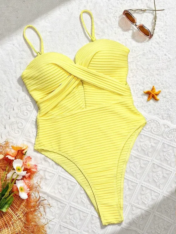 Maiô monokini amarelo recorte cruzado frontal