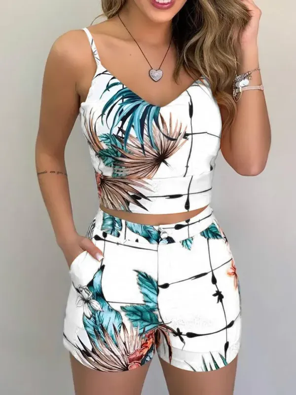 Conjunto feminino cropped estampado com short casual de verão