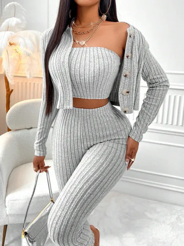 Conjunto feminino 3 peças camisola jaqueta e leggings