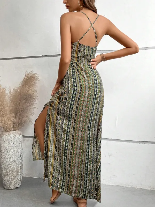 Vestido boho longo feminino para praia com babado e estampa étnica
