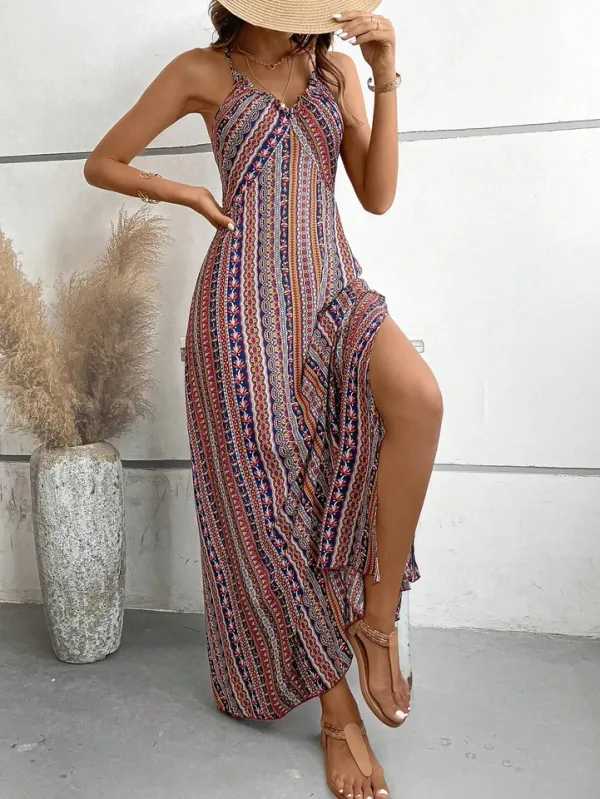 Look casual elegante com vestido longo boho estampa étnica