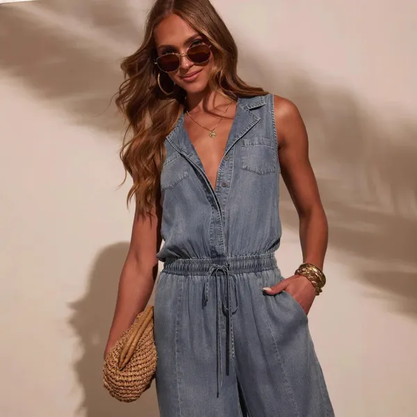 Macacão jeans feminino completo — vista frontal e traseira
