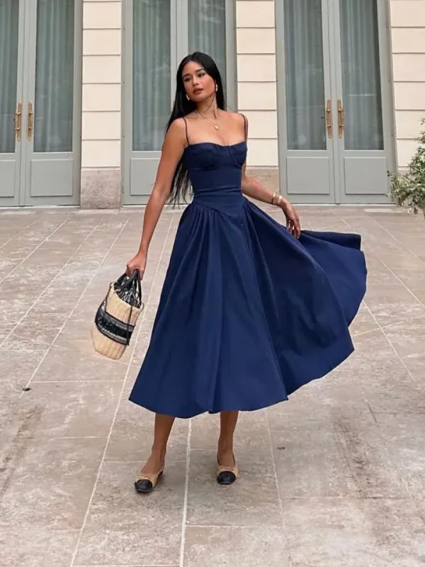Vestido Midi Elegante Alças Finas Azul Marinho
