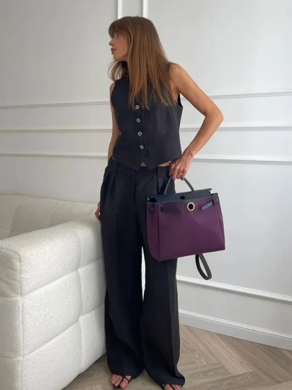 Look casual elegante feminino conjunto linho colete calça