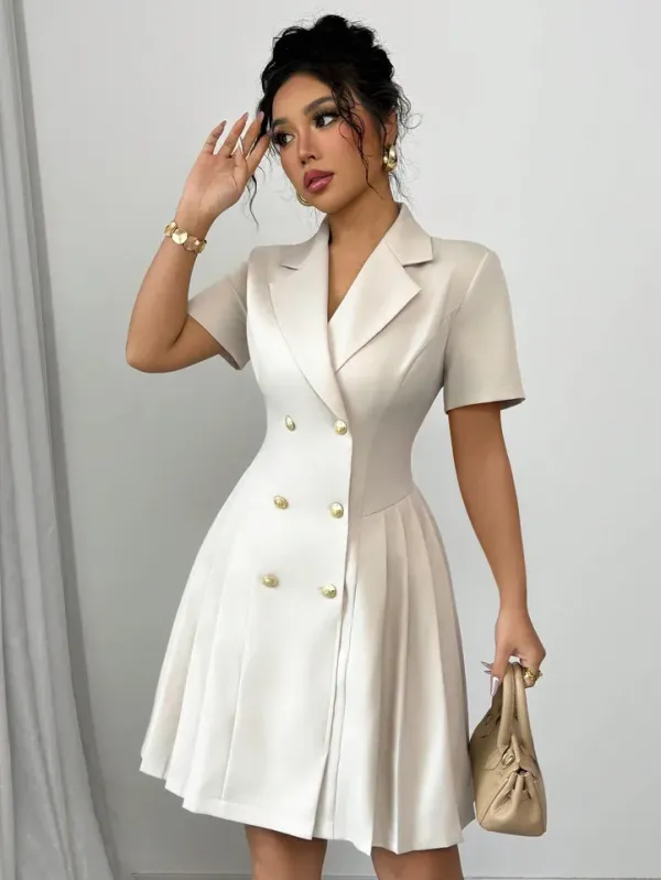 Vestido Midi Feminino Alfaiataria Lapela Abotoamento Duplo